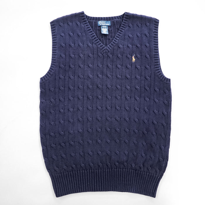 Polo Ralph Lauren 90年代 ヴィンテージ ケーブル編み Vネック ニットベスト L ネイビー スモールポニー ロゴ 刺繍
