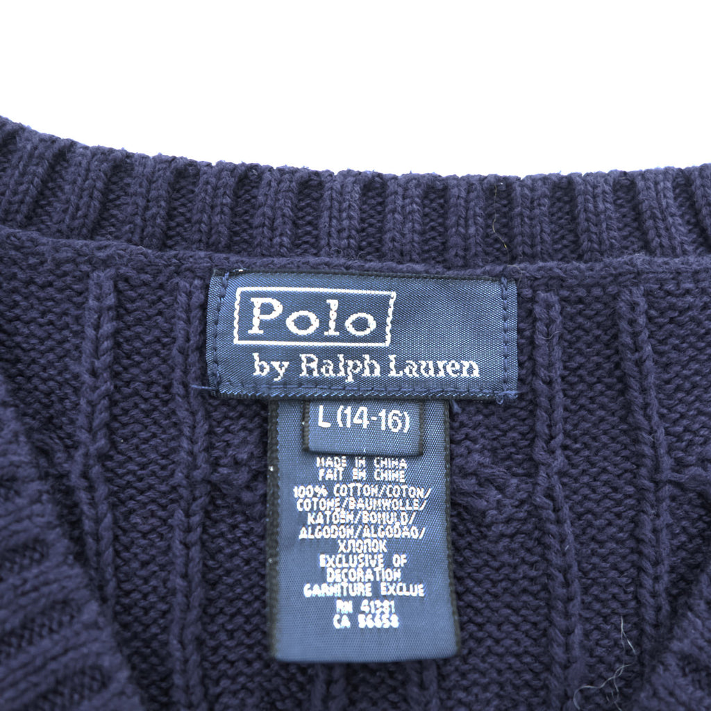 Polo Ralph Lauren 90年代 ヴィンテージ ケーブル編み Vネック ニットベスト L ネイビー スモールポニー ロゴ 刺繍