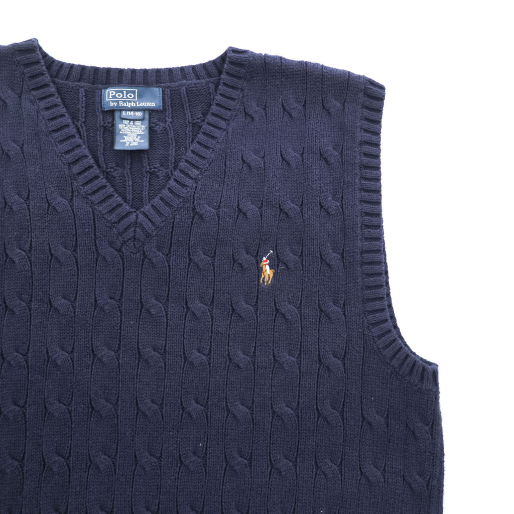 Polo Ralph Lauren 90年代 ヴィンテージ ケーブル編み Vネック ニットベスト L ネイビー スモールポニー ロゴ 刺繍