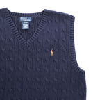 Polo Ralph Lauren 90年代 ヴィンテージ ケーブル編み Vネック ニットベスト L ネイビー スモールポニー ロゴ 刺繍