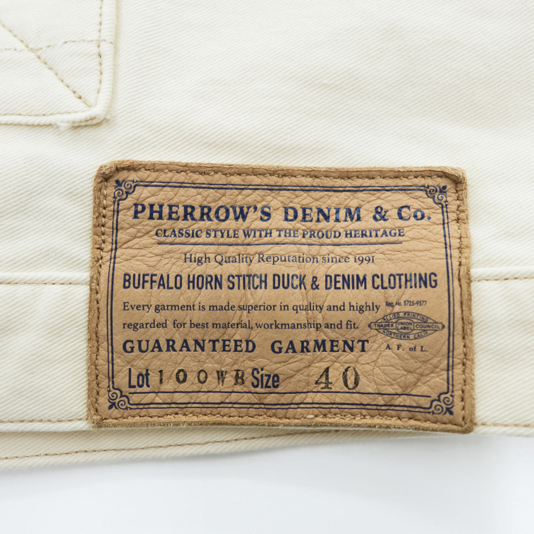PHERROW'S FRONTIER SERIES トリプルプリーツ デニムジャケット Gジャン L ホワイト 生成り シンチバック タック Lot 100WB DENIM WORK JACKET