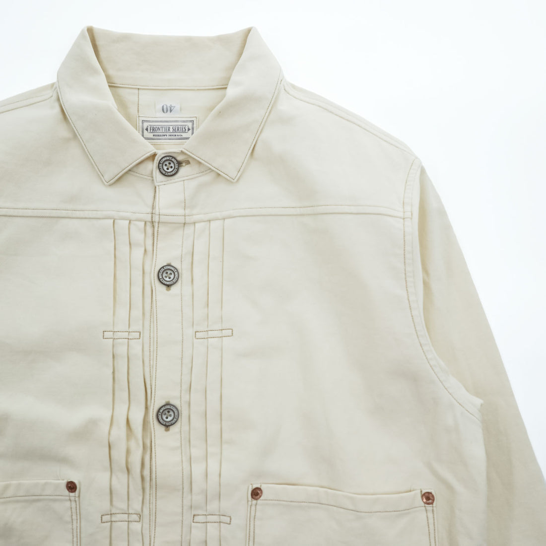 PHERROW'S FRONTIER SERIES トリプルプリーツ デニムジャケット Gジャン L ホワイト 生成り シンチバック タック Lot 100WB DENIM WORK JACKET