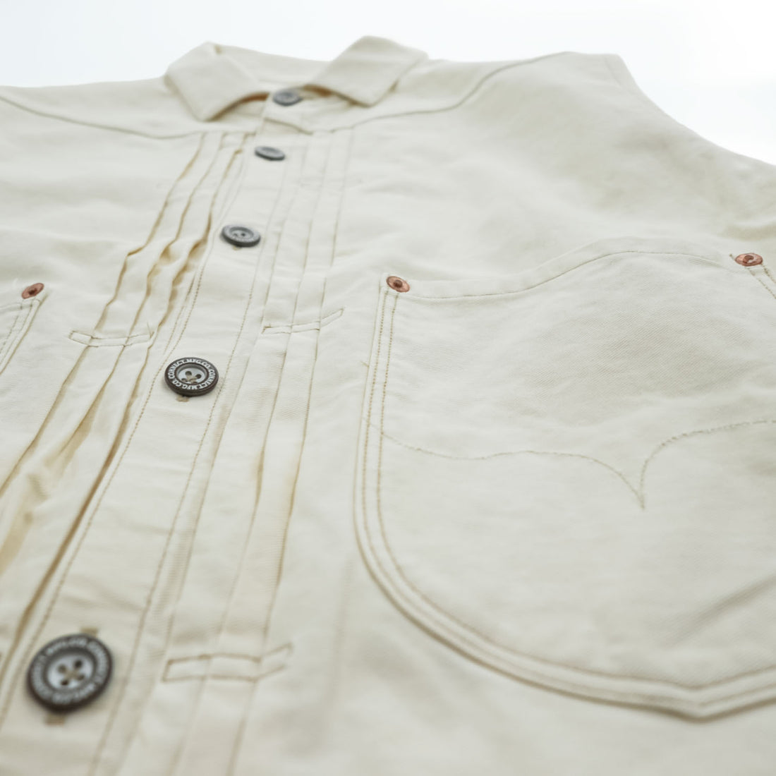 PHERROW'S FRONTIER SERIES トリプルプリーツ デニムジャケット Gジャン L ホワイト 生成り シンチバック タック Lot 100WB DENIM WORK JACKET