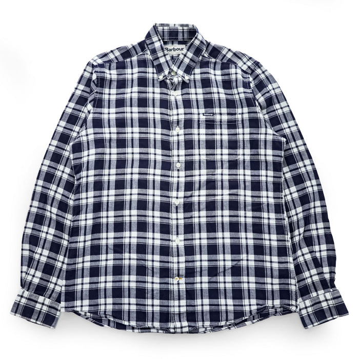 Barbour リネンブレンド 長袖 ボタンダウンシャツ M ネイビー 麻 チェック TAILORED FIT 胸ポケット MSH5166NY91