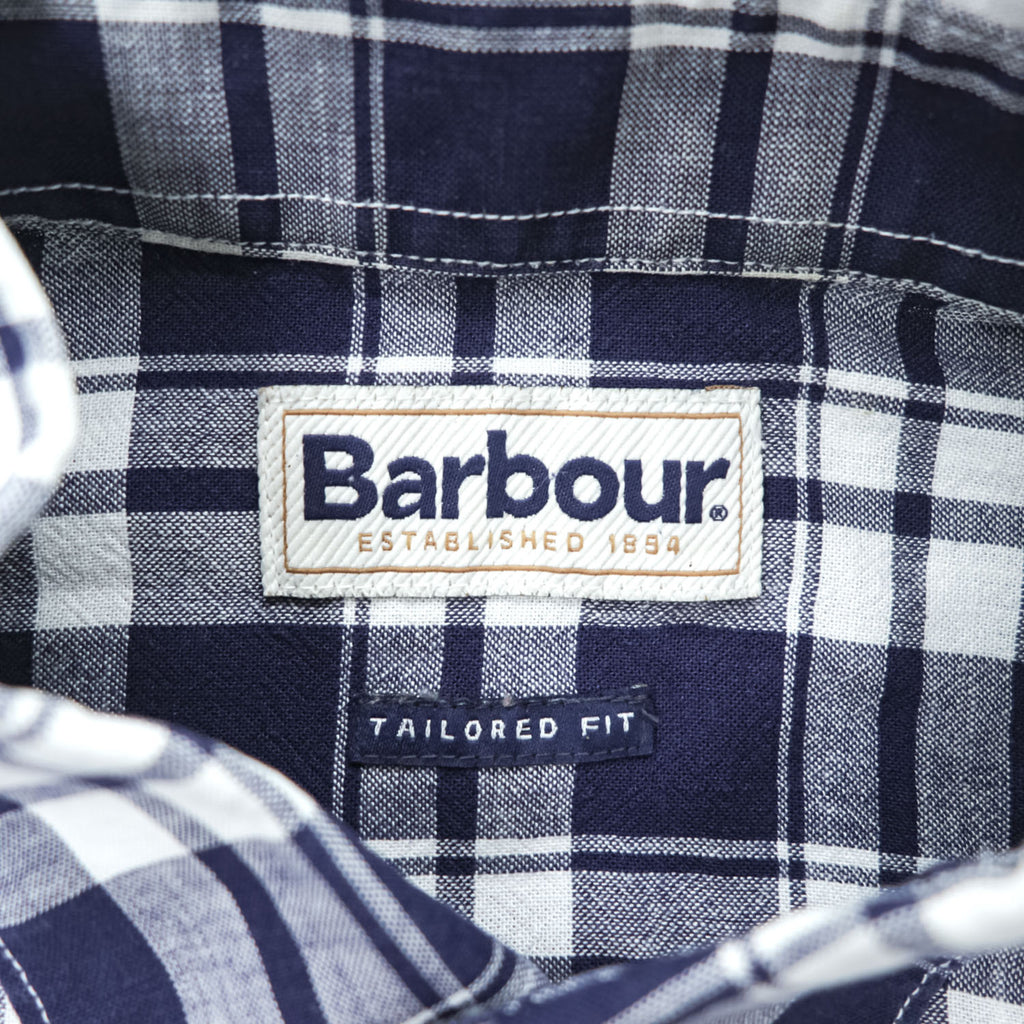 Barbour リネンブレンド 長袖 ボタンダウンシャツ M ネイビー 麻 チェック TAILORED FIT 胸ポケット MSH5166NY91