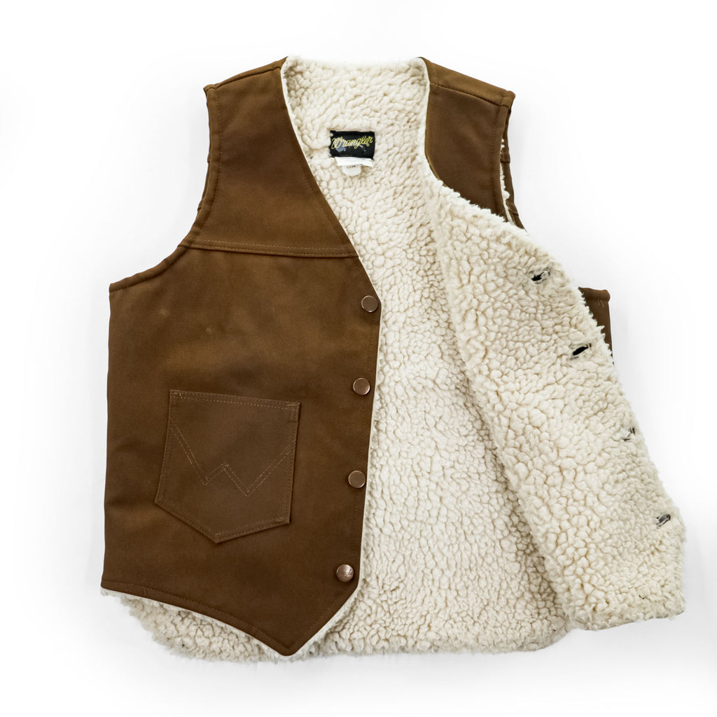 Wrangler USA-Made 1970s Vintage Vest, Size M, Brown, Faux Suede, Boa, Sherpa (VL459DB)