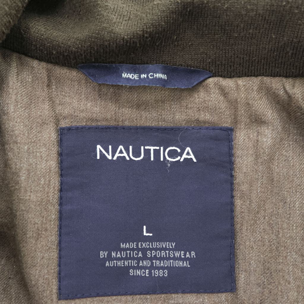 NAUTICA ダブルジップ 本革 レザーフィールドコート ハンティングジャケット L カーキ グリーン 比翼 スタンドカラー