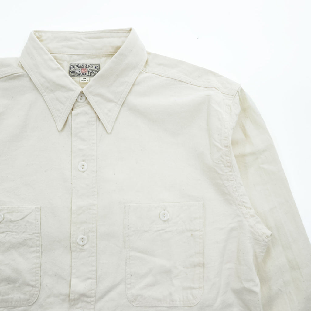 BUZZ RICKSON'S BR25996 Cotton Two-Pocket Work Shirt Ivory Made in Japan Size 16-16 1/2 WHITE CHAMBRAY WORK SHIRT (LONG SLEEVE) 50s