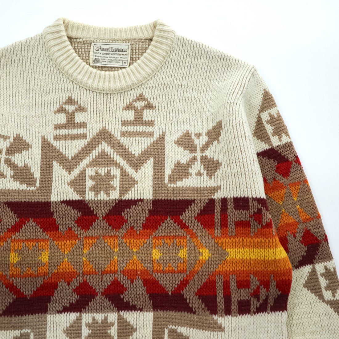 PENDLETON 70年代 USA製 ヴィンテージ 100%バージンウール ニット セーター M ベージュ 白タグ ネイティブ柄