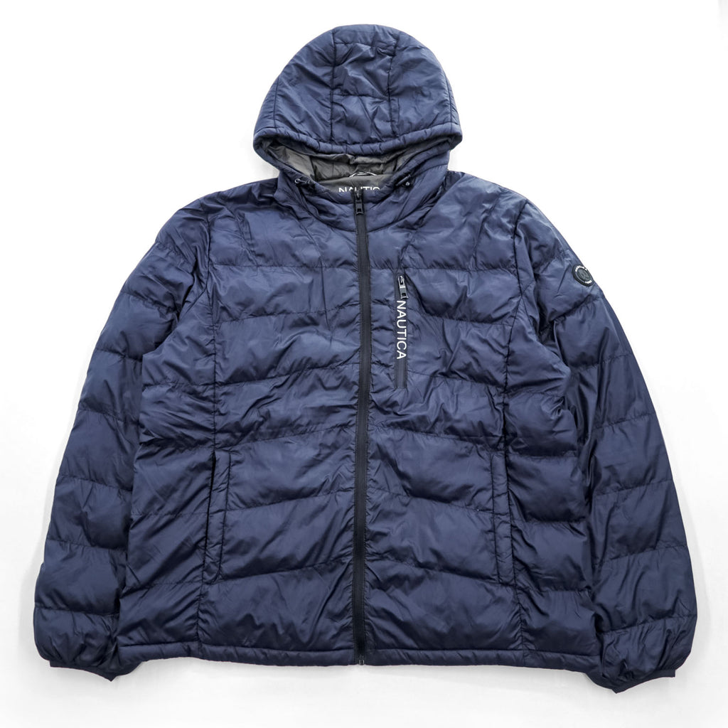 NAUTICA ダウンジャケット XL ネイビー 防水 ドローコード フード付き ジップポケット LIGHT WEIGHT