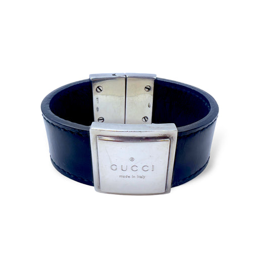 日本然リトテ-古着オンライン-GUCCI ロゴプレート ブレスレット レザー シルバー 925 ブラック イタリア製-GUCCI Logo Plate Bracelet Leather Silver 925 Black Italian MADE