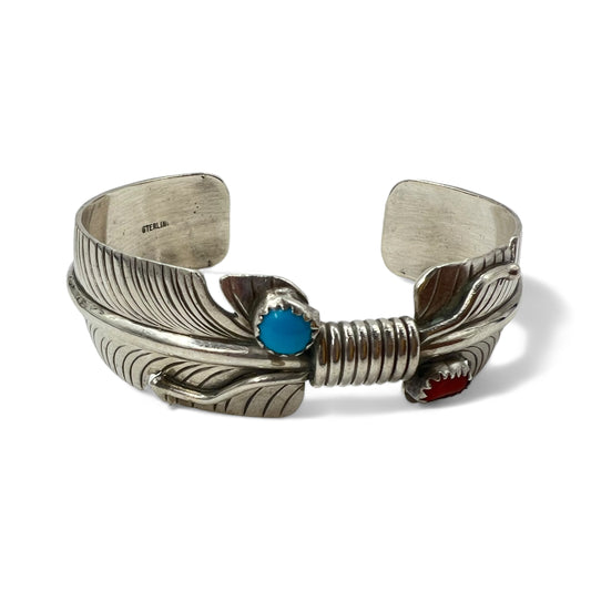 日本然リトテ-古着オンライン-NAVAJO Vintage Indian Bracelet ナバホ族 インディアンジュエリー フェザー バングル STERLING シルバー ターコイズ-NAVAJO Vintage Indian Bracelet Navajo Indian Jewelry Feather Bangle STERLING Silver Turquoise