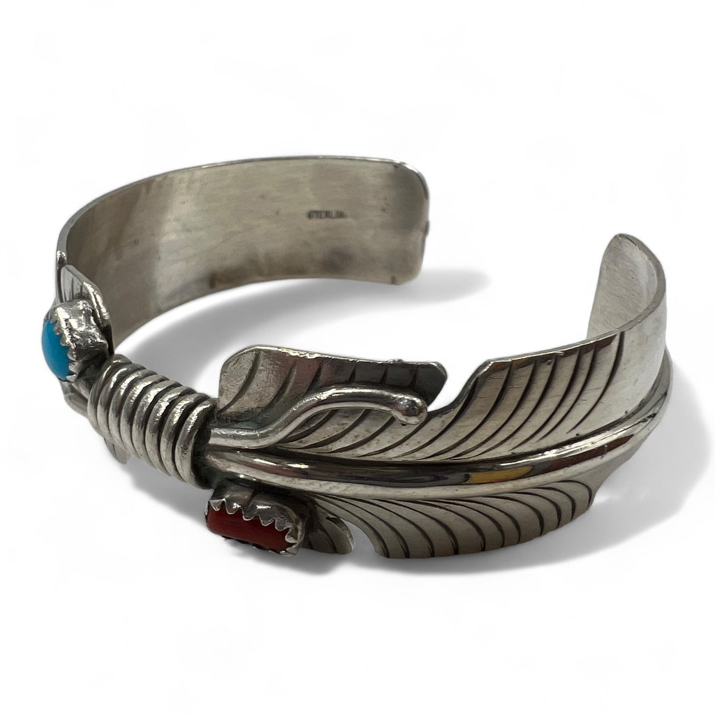 NAVAJO Vintage Indian Bracelet Navajo Indian Jewelry Feather Bangle STERLING Silver Turquoise