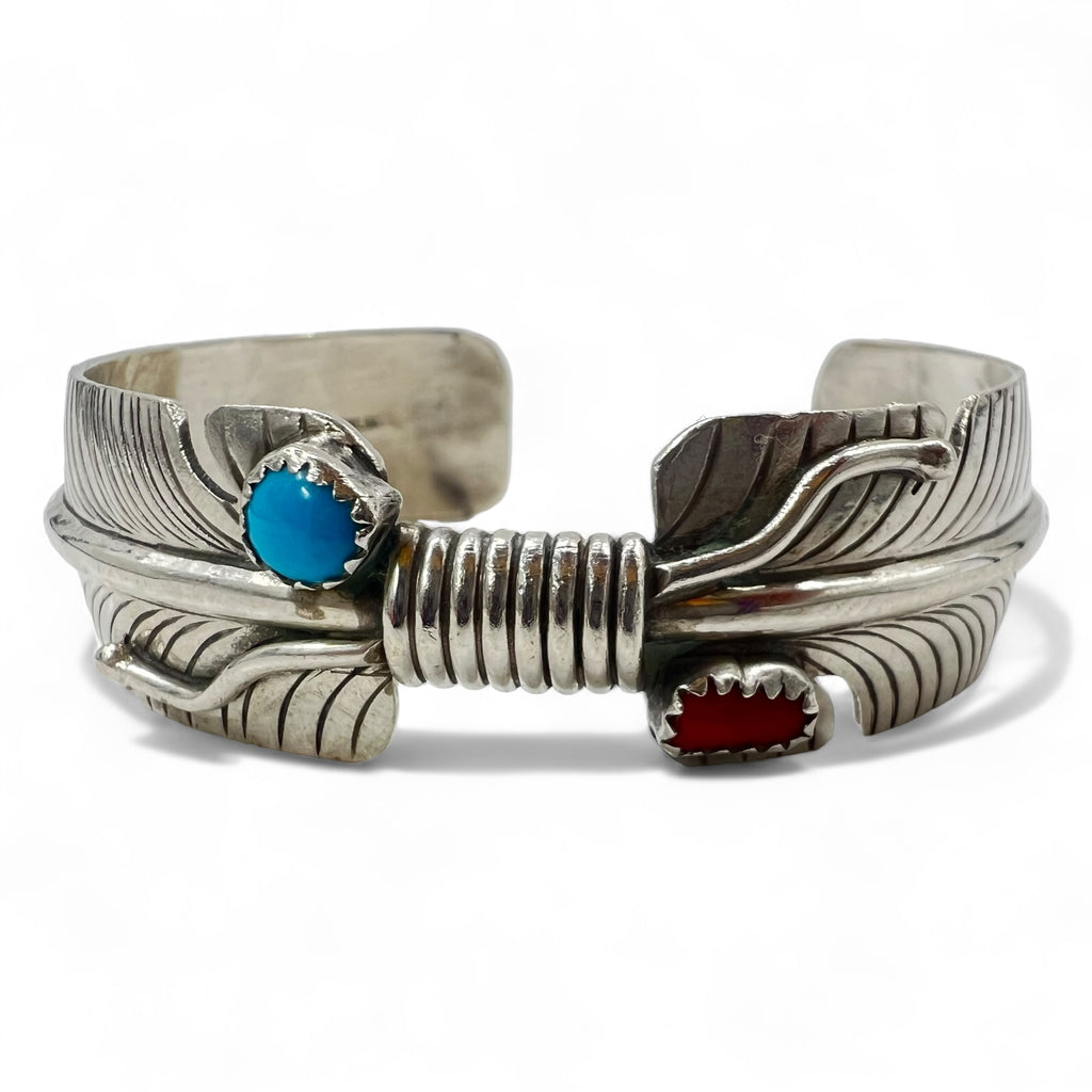 NAVAJO Vintage Indian Bracelet Navajo Indian Jewelry Feather Bangle STERLING Silver Turquoise