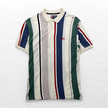 CHAPS RALPH LAUREN 90年代 マルチストライプ ポロシャツ L ホワイト ワンポイントロゴ刺繍