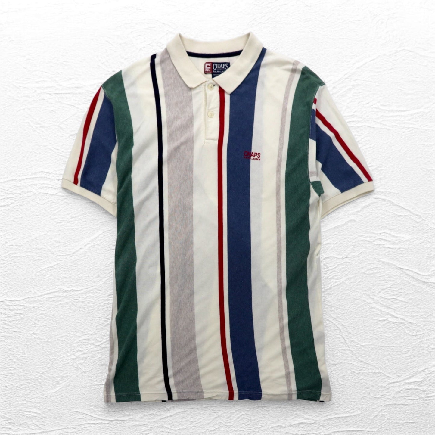 CHAPS RALPH LAUREN 90年代 マルチストライプ ポロシャツ L ホワイト ワンポイントロゴ刺繍