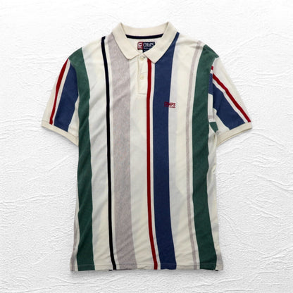 CHAPS RALPH LAUREN 90年代 マルチストライプ ポロシャツ L ホワイト ワンポイントロゴ刺繍