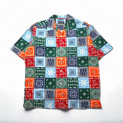 LUNA'S HELLO Bandana Patchwork Short Sleeve Open Collar Shirt, Size XL, Multicolor, All-Over Print