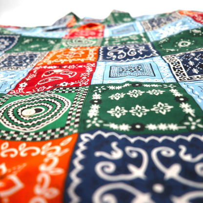 LUNA'S HELLO Bandana Patchwork Short Sleeve Open Collar Shirt, Size XL, Multicolor, All-Over Print