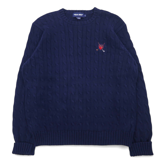 日本然リトテ-古着オンライン-POLO GOLF RALPH LAUREN 90年代 クルーネック ケーブルニット セーター L ネイビー コットン ワンポイント 刺繍-POLO GOLF RALPH LAUREN 90's Crewneck Cable Knit Sweater L Navy Cotton One Point Embroidery