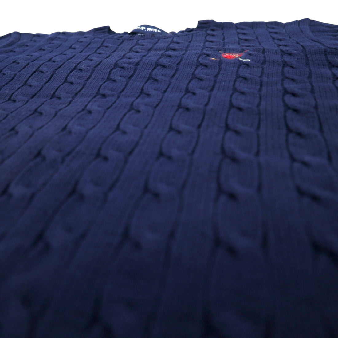 POLO GOLF RALPH LAUREN 90年代 クルーネック ケーブルニット セーター L ネイビー コットン ワンポイント 刺繍