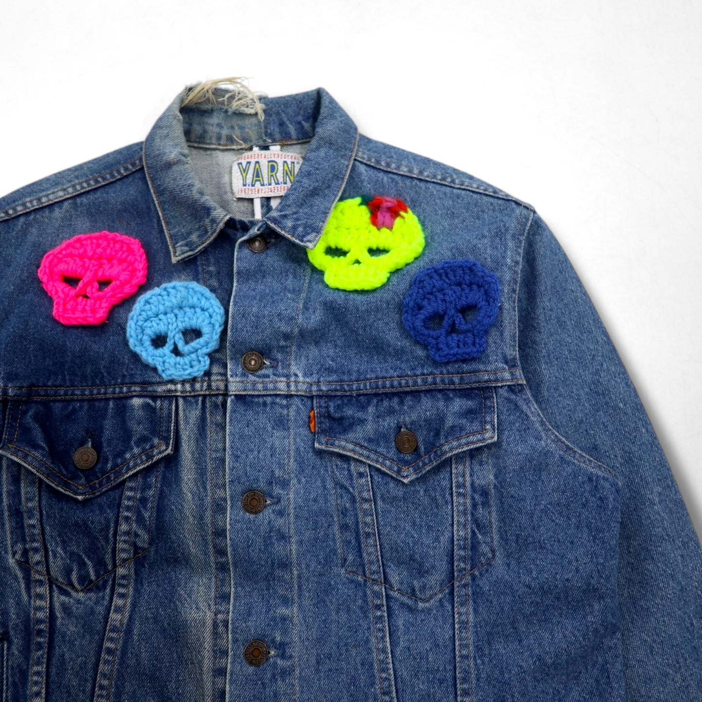 Y.A.R.N. × 90s Levi's オレンジタブ 75505 リメイク 再構築 ニット スカル デニムジャケット Knit Skull Denim Jacket Gジャン L ハンドメイド