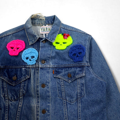 Y.A.R.N. × 90s Levi's オレンジタブ 75505 リメイク 再構築 ニット スカル デニムジャケット Knit Skull Denim Jacket Gジャン L ハンドメイド