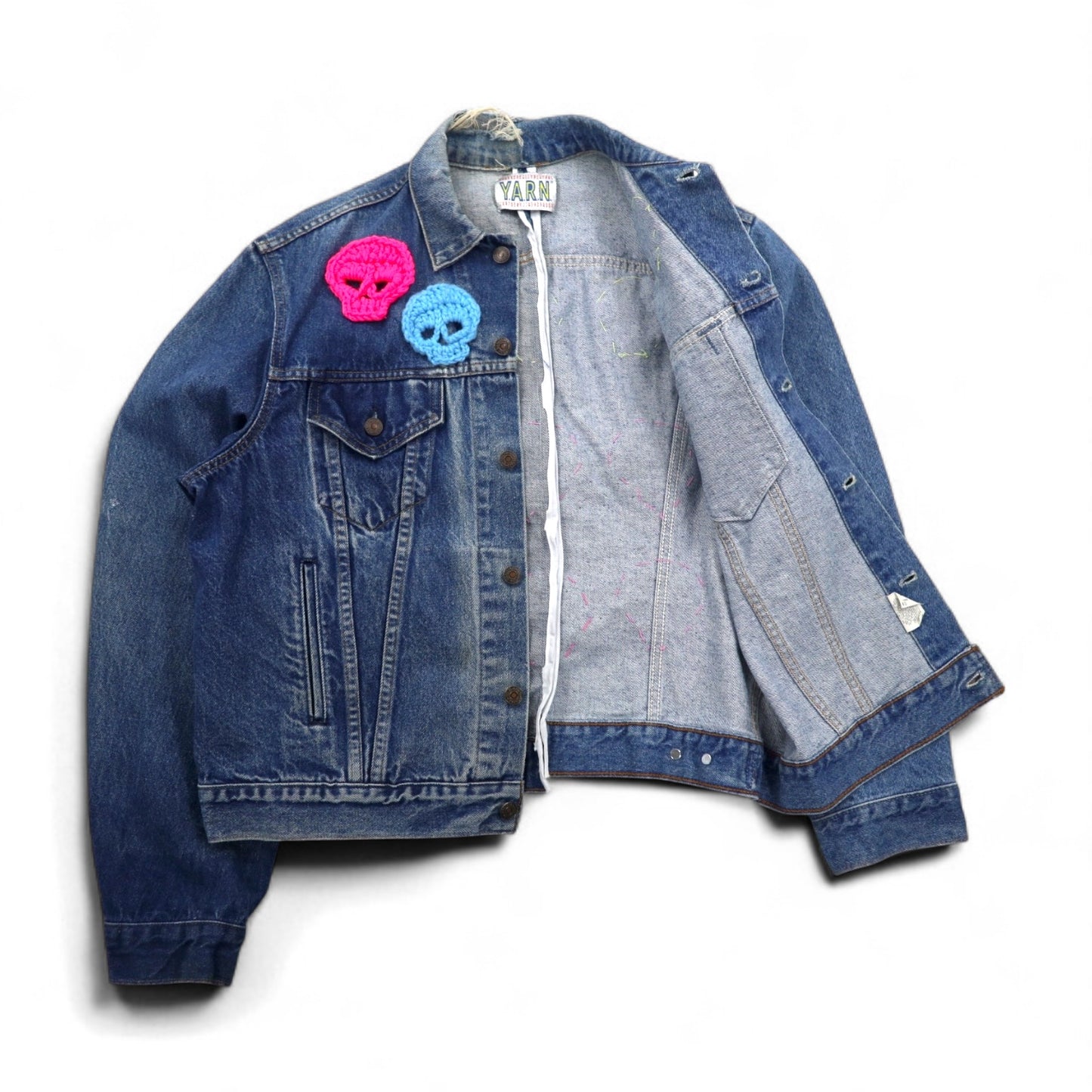 Y.A.R.N. × 90s Levi's オレンジタブ 75505 リメイク 再構築 ニット スカル デニムジャケット Knit Skull Denim Jacket Gジャン L ハンドメイド