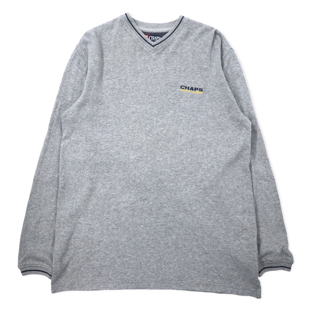 日本然リトテ-古着オンライン-CHAPS RALPH LAUREN 90年代 Vネック ロングスリーブ Tシャツ ロンT L グレー コットン ワンポイントロゴ刺繍-CHAPS RALPH LAUREN 90's V-Neck Long Sleeve T-Shirt Long T L Gray Cotton One Point Logo Embroidery