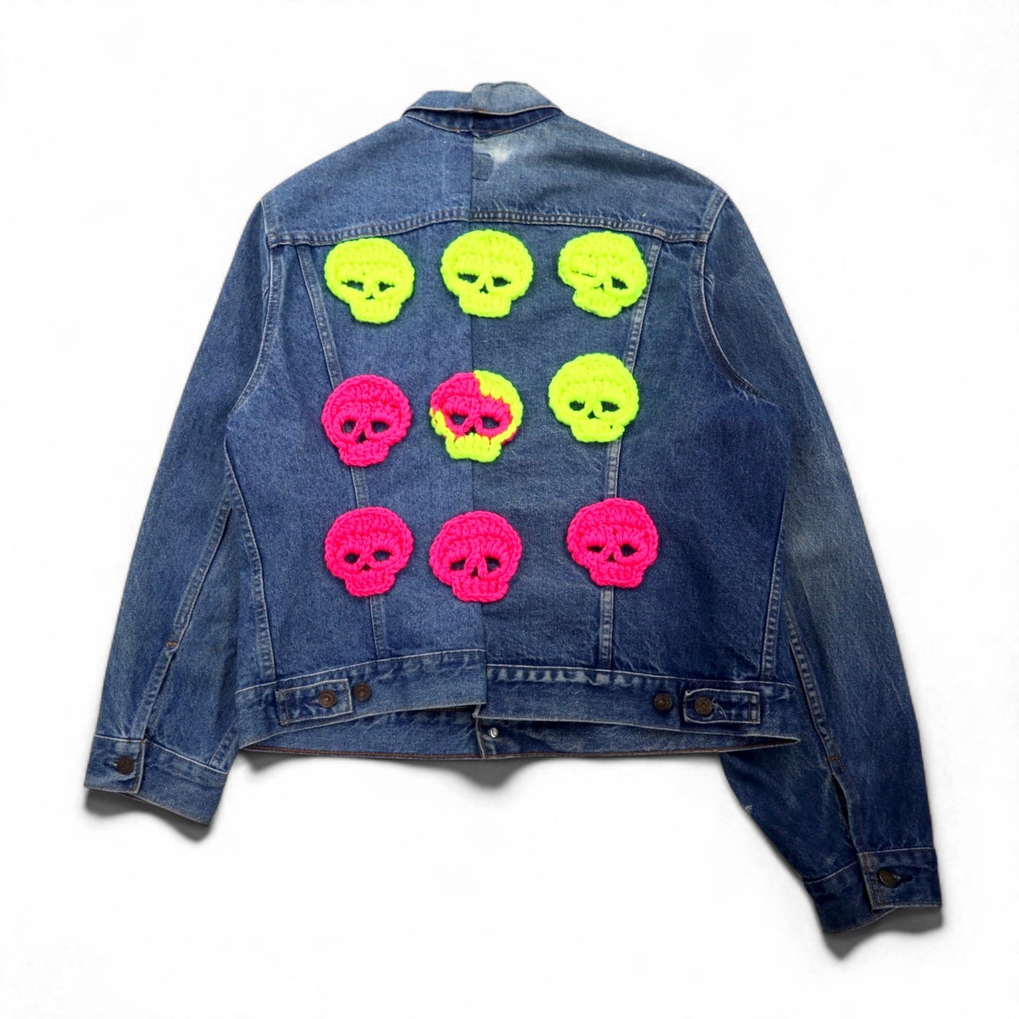 Y.A.R.N. × 90s Levi's オレンジタブ 75505 リメイク 再構築 ニット スカル デニムジャケット Knit Skull Denim Jacket Gジャン L ハンドメイド