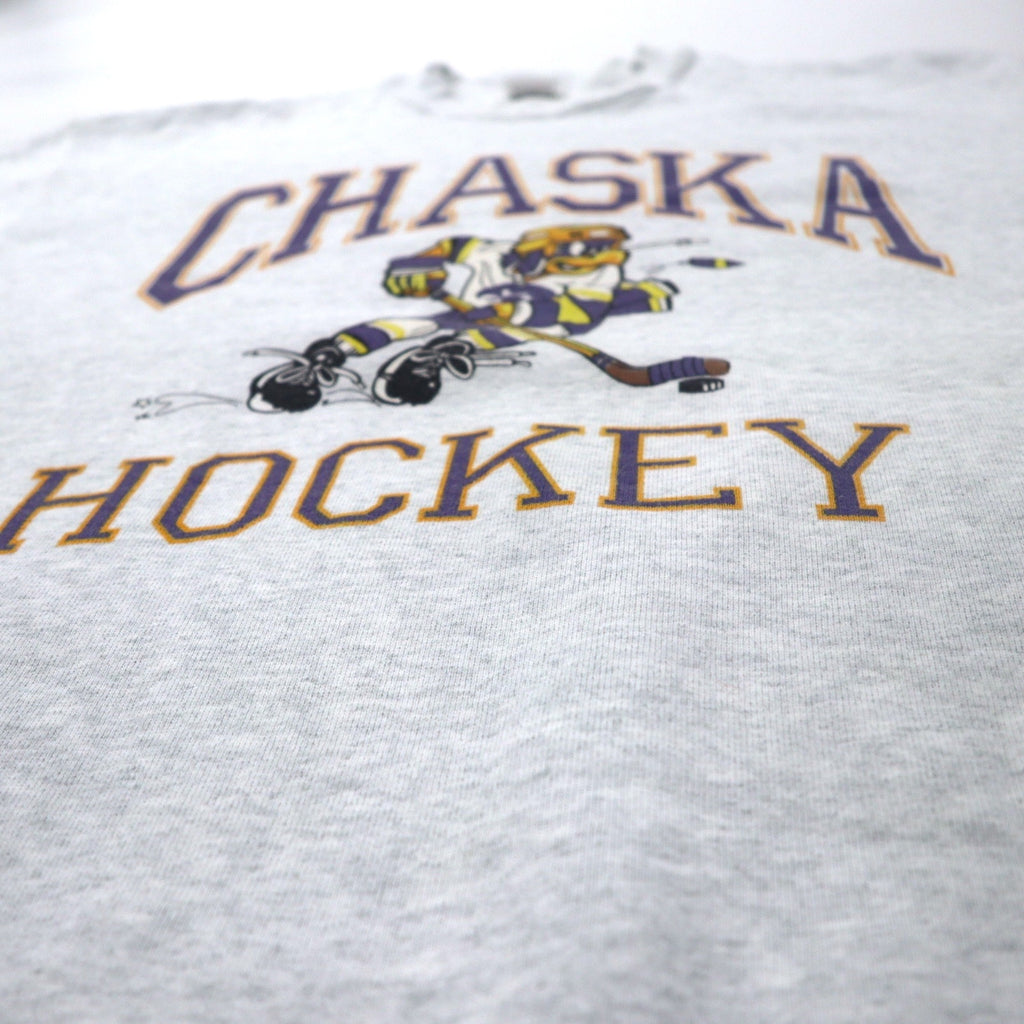 FRUIT OF THE LOOM Made in USA 90's SUPER COTTON Hockey Print Sweat M Gray Cotton Brushed Back CHASKA HOCKEY