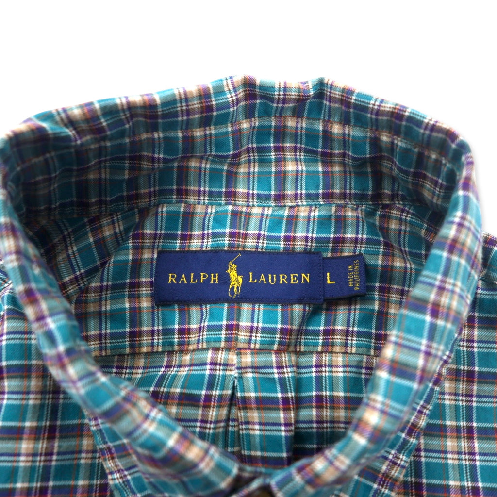 RALPH LAUREN Button Down Shirt L Green Check Cotton Small Pony Embroidery Big Size