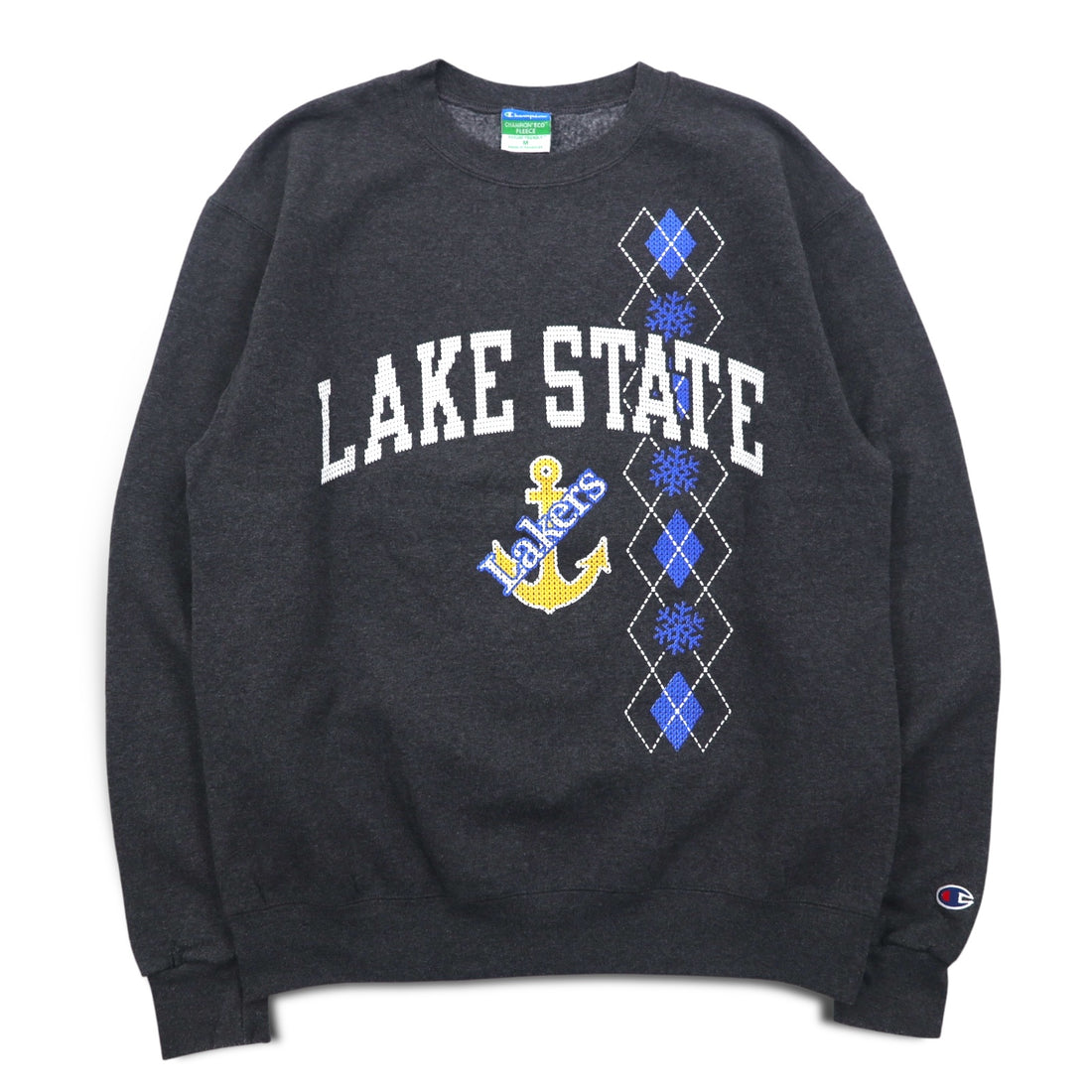 Champion College Print Sweatshirt, Medium, Grey, Fleece Lining, LAKE STATE Anchor Arch Logo, Made in Honduras