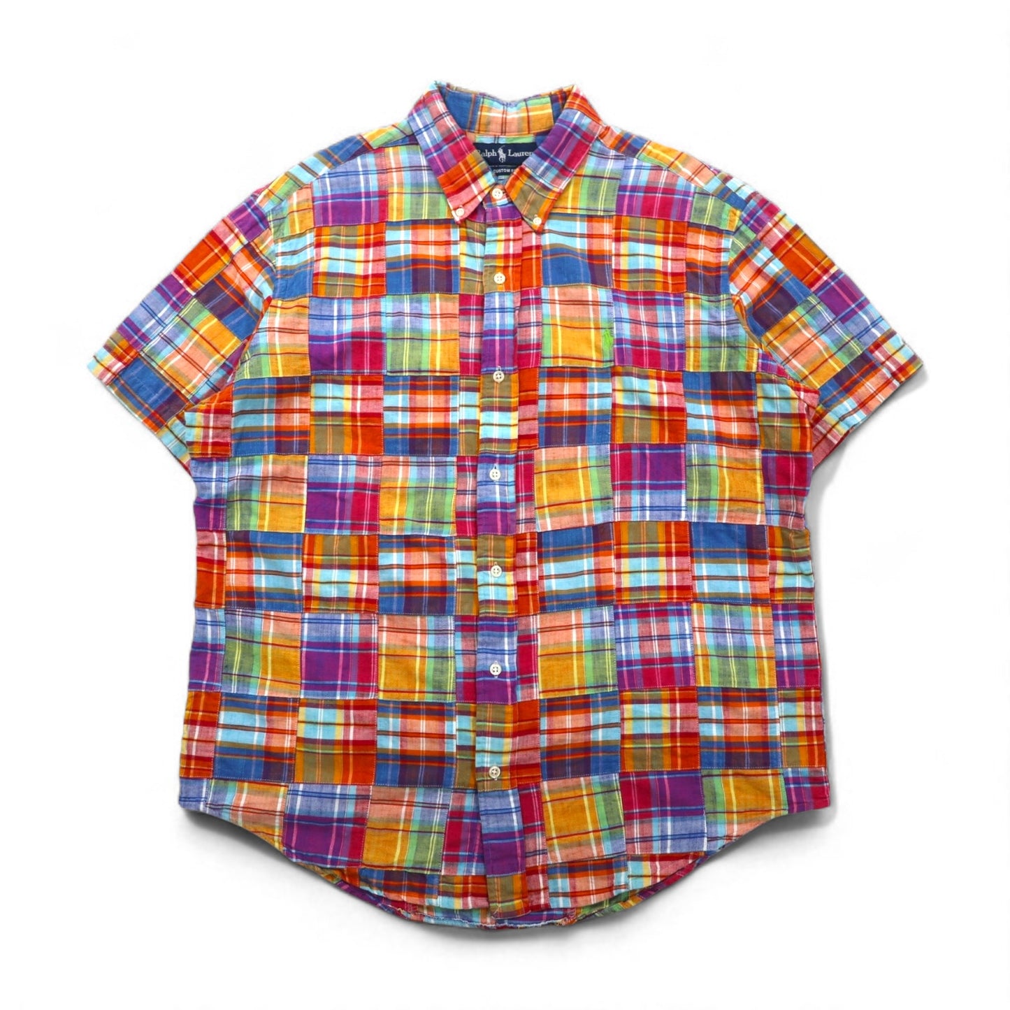 Ralph Lauren 90s Patchwork Short Sleeve Button-Down Shirt, Size XL, Multicolor Check, Custom Fit, Small Pony Embroidery