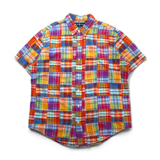 Ralph Lauren 90年代 パッチワーク 半袖 ボタンダウンシャツ XL マルチカラー チェック CUSTOM FIT スモールポニー刺繍