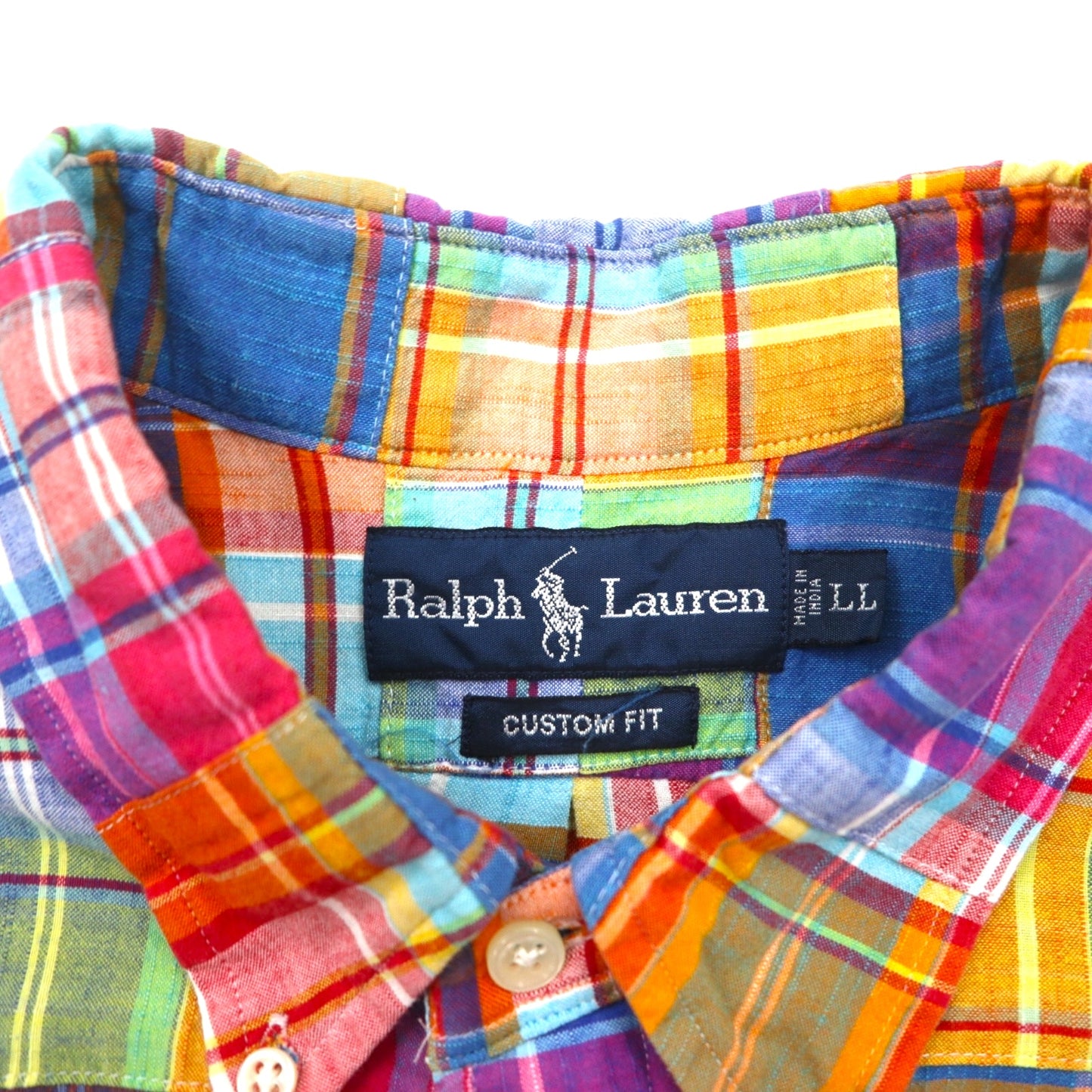 Ralph Lauren 90s Patchwork Short Sleeve Button-Down Shirt, Size XL, Multicolor Check, Custom Fit, Small Pony Embroidery