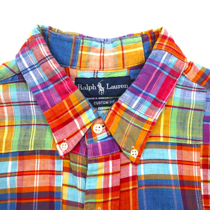 Ralph Lauren 90s Patchwork Short Sleeve Button-Down Shirt, Size XL, Multicolor Check, Custom Fit, Small Pony Embroidery