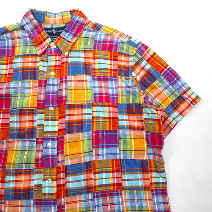 Ralph Lauren 90s Patchwork Short Sleeve Button-Down Shirt, Size XL, Multicolor Check, Custom Fit, Small Pony Embroidery