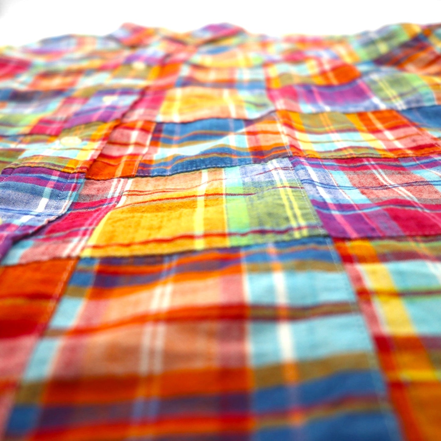 Ralph Lauren 90s Patchwork Short Sleeve Button-Down Shirt, Size XL, Multicolor Check, Custom Fit, Small Pony Embroidery