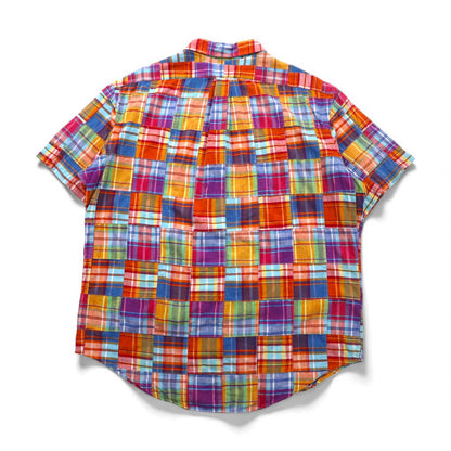 Ralph Lauren 90s Patchwork Short Sleeve Button-Down Shirt, Size XL, Multicolor Check, Custom Fit, Small Pony Embroidery