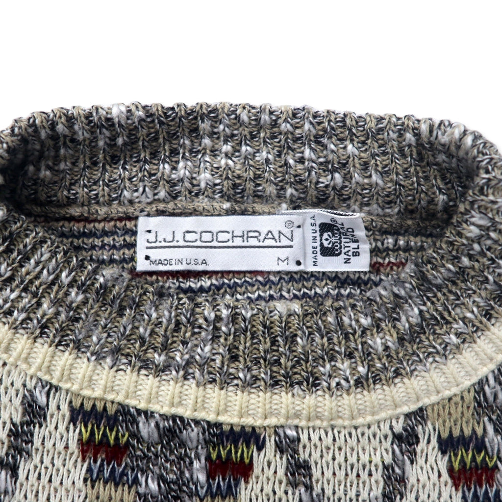 JJCOCHRAN Made in USA 90's All Over Pattern Bottle Neck Knit Sweater M White Cotton NATURAL BLEND