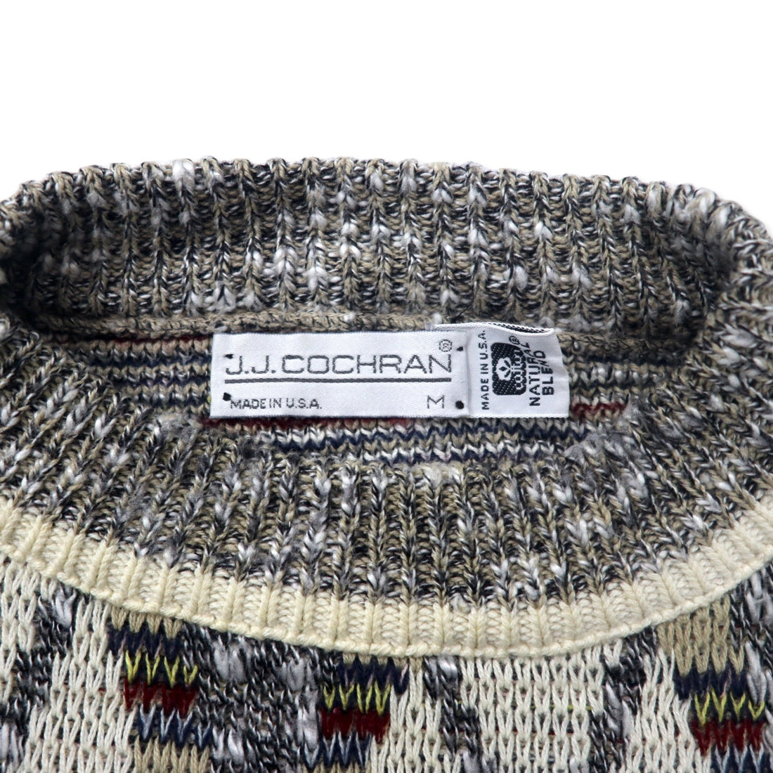 JJCOCHRAN Made in USA 90's All Over Pattern Bottle Neck Knit Sweater M White Cotton NATURAL BLEND