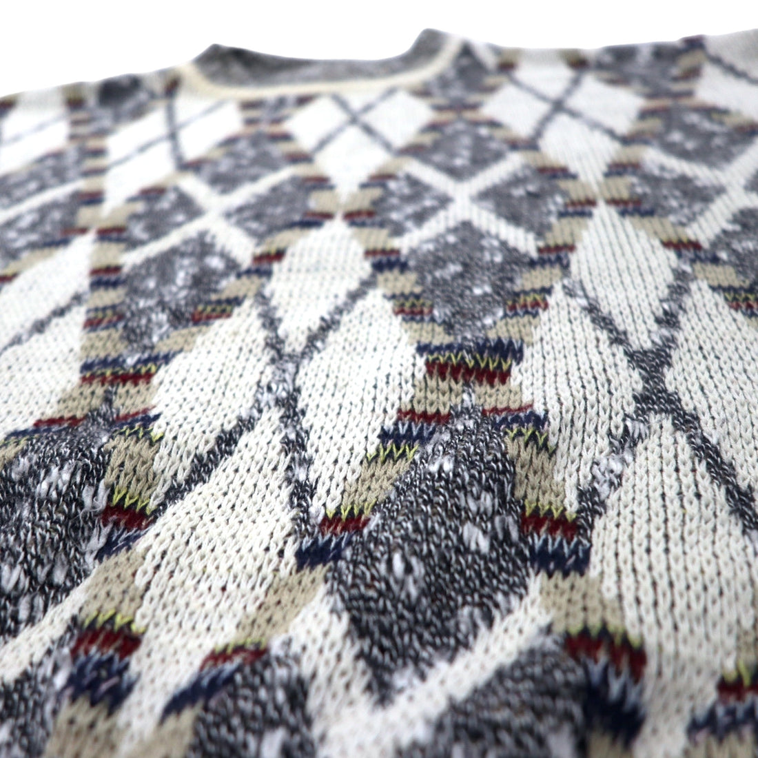 JJCOCHRAN Made in USA 90's All Over Pattern Bottle Neck Knit Sweater M White Cotton NATURAL BLEND