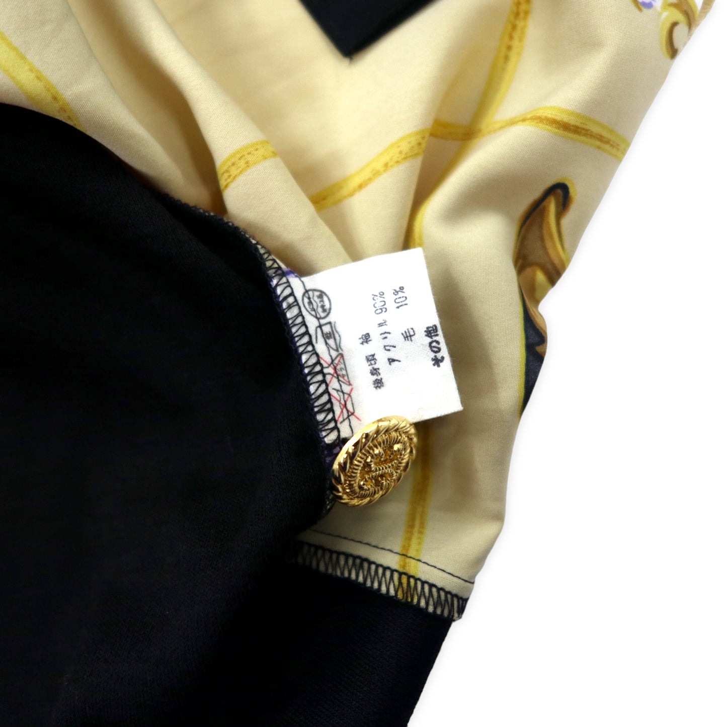FINAL STAGE レトロ ノーカラーシャツ ブラウス FREE ブラック ベージュ 総柄 金ボタン 日本製