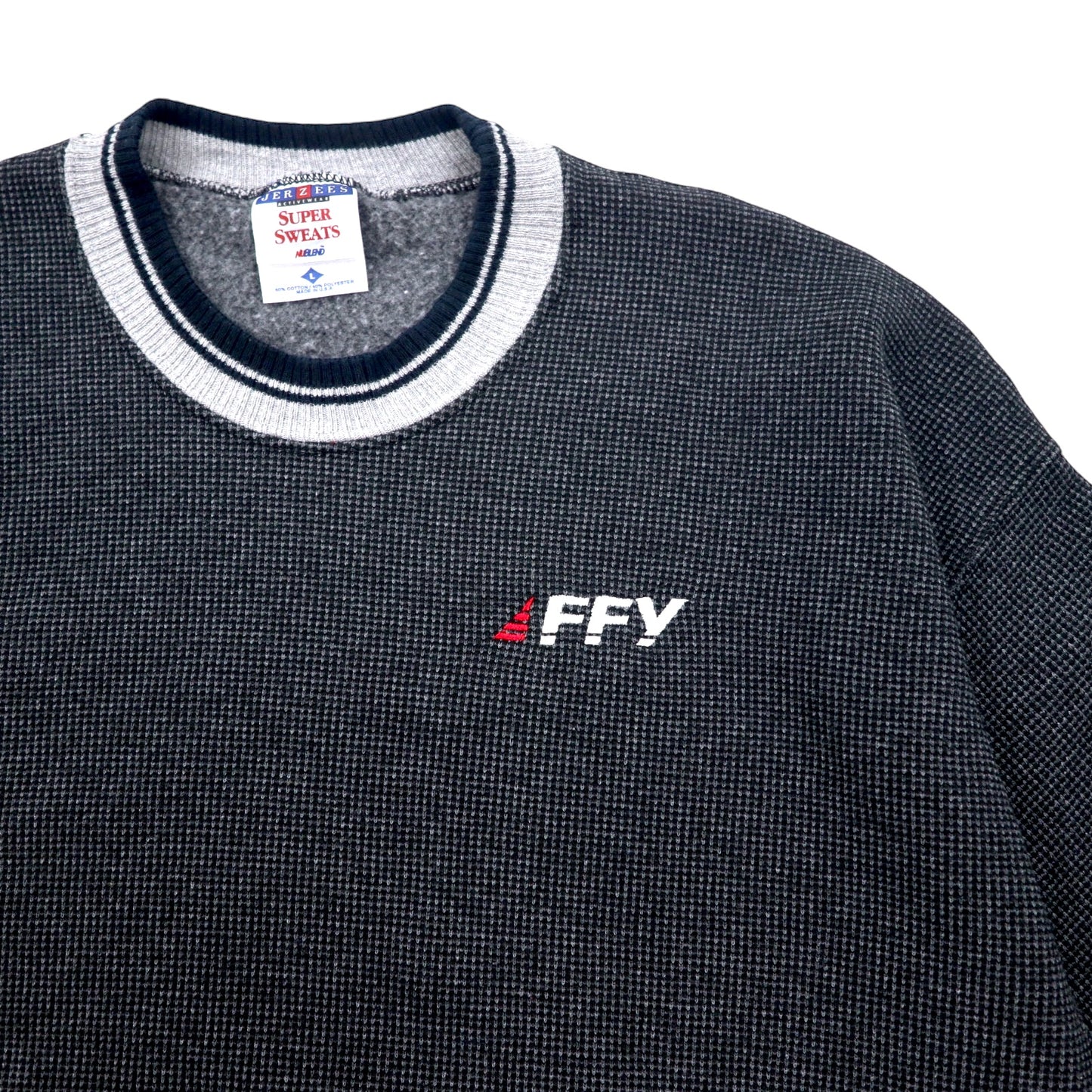 USA製 90年代 JERZEES リブライン ワッフル スウェット L グレー コットン 裏起毛 FFY ワンポイント 刺繍 SUPER SWEATS