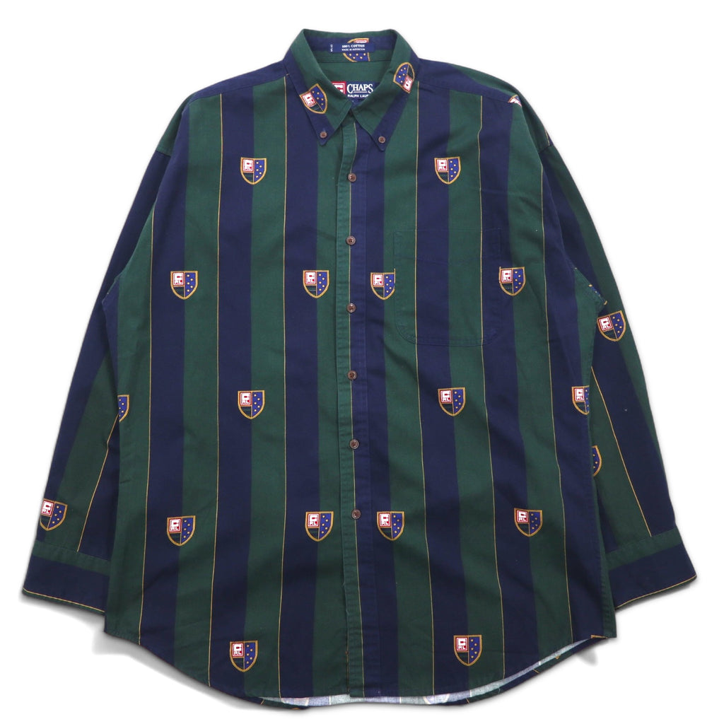 CHAPS RALPH LAUREN 90s Button-down Shirt L Green Navy Striped Cotton Emblem Logo