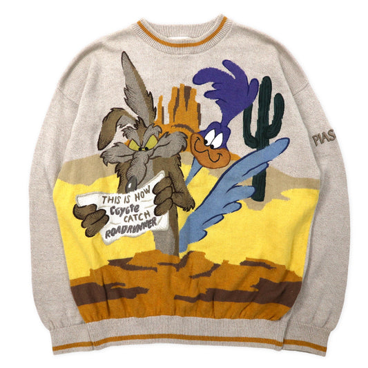 PIA SPORTS × Warner Bros. 90年代 ルーニーチューンズ キャラクター刺繍 ニット セーター 4 グレー ベージュ 総柄 リネン コットン
