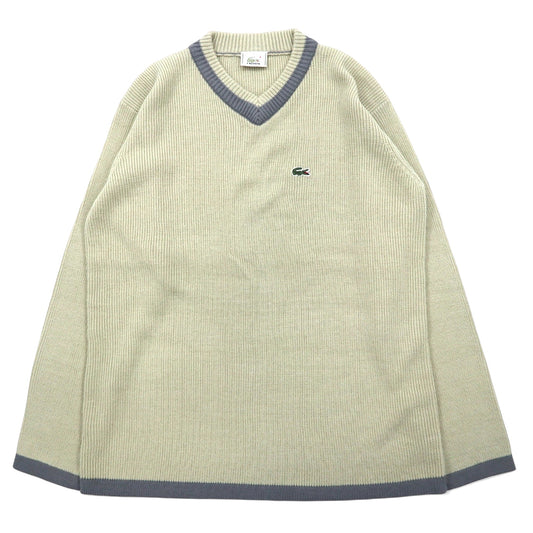 日本然リトテ-古着オンライン-LACOSTE 90年代 チルデンニット Vネック セーター L ベージュ アクリル ワンポイントロゴ-LACOSTE 90's Childen Knit V-Neck Sweater L Beige Acrylic One Point Logo