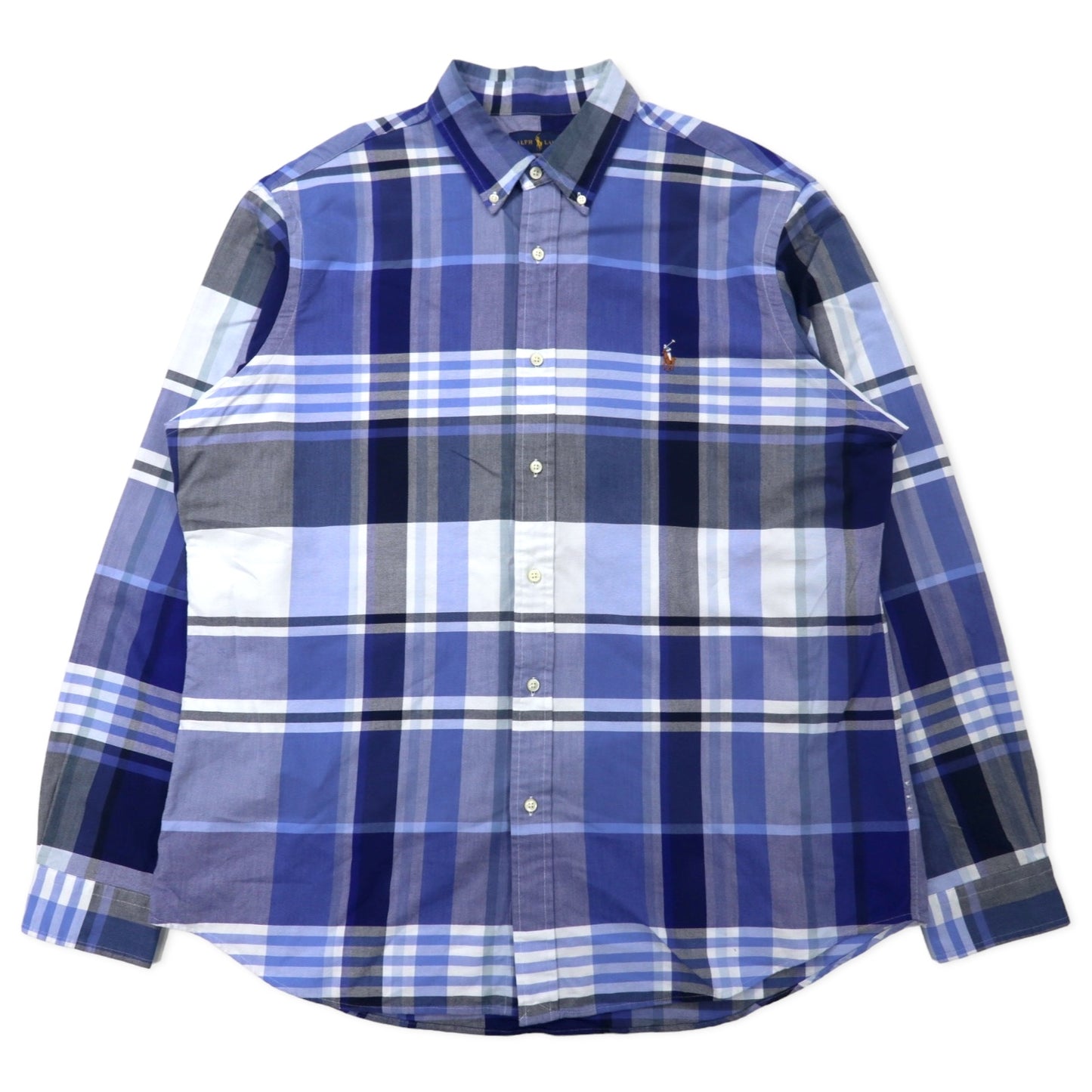 RALPH LAUREN ボタンダウンシャツ XL ブルー チェック コットン CLASSIC FIT スモールポニー刺繍