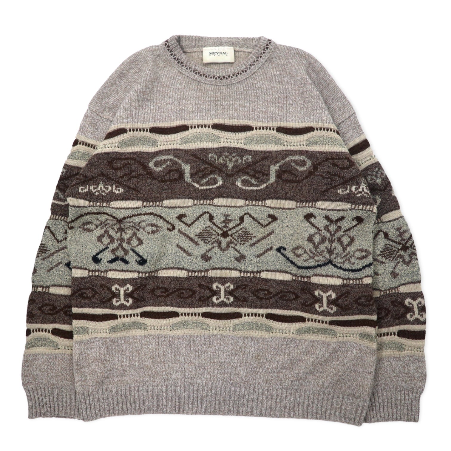 日本然リトテ-古着オンライン-MEYNAL フランス製 3D ニット セーター XL ベージュ コットン 総柄-MEYNAL France Made 3D Knit Sweater XL Beige Cotton patterned
